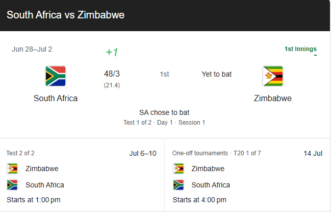 Zimbabwe vs South Africa, 1st Test Live Streaming